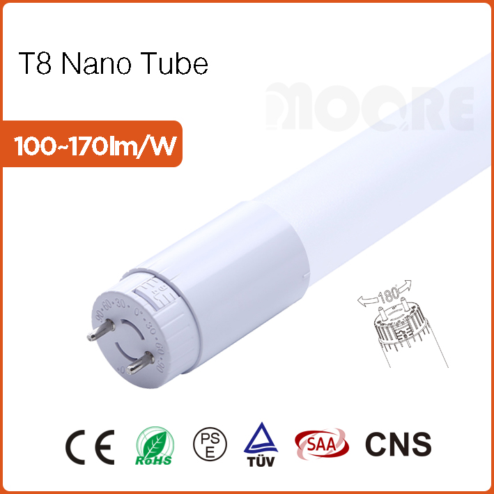 T8 Nano Tube 100lm/w Rotatable